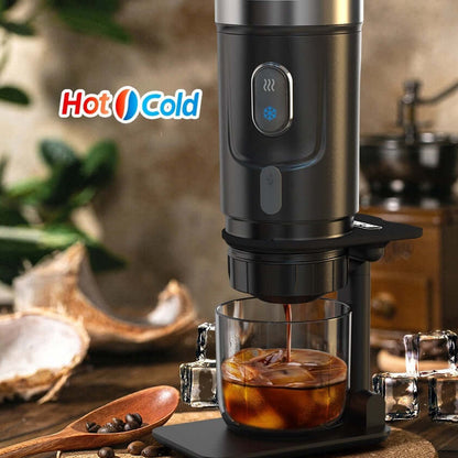 Portable Electric Espresso Maker brews coffee in hot and cold settings, ideal for travel and on-the-go enjoyment.