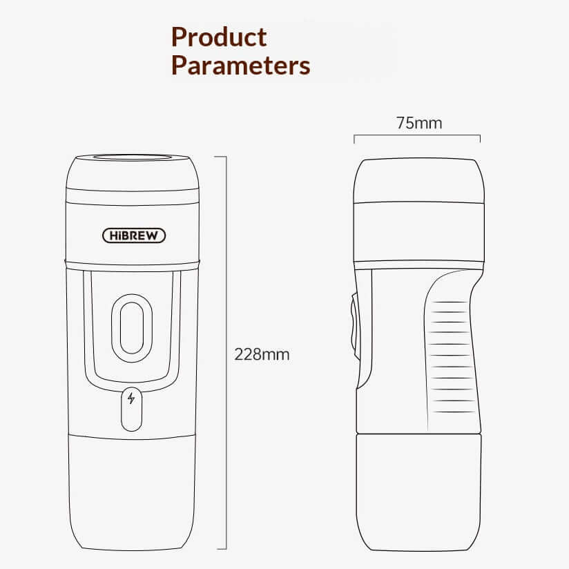 Portable Electric Espresso Maker dimensions and parameters for efficient travel coffee brewing.