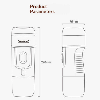 Portable Electric Espresso Maker dimensions and parameters for efficient travel coffee brewing.