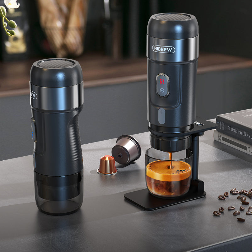 Portable Electric Espresso Maker for hot and cold coffee extraction on a sleek countertop.