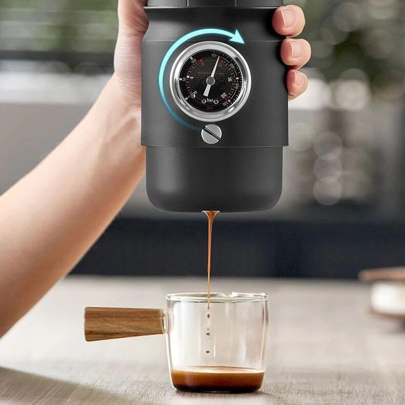 Portable Espresso Maker with OPV pressure adjustability for professional espresso extraction.