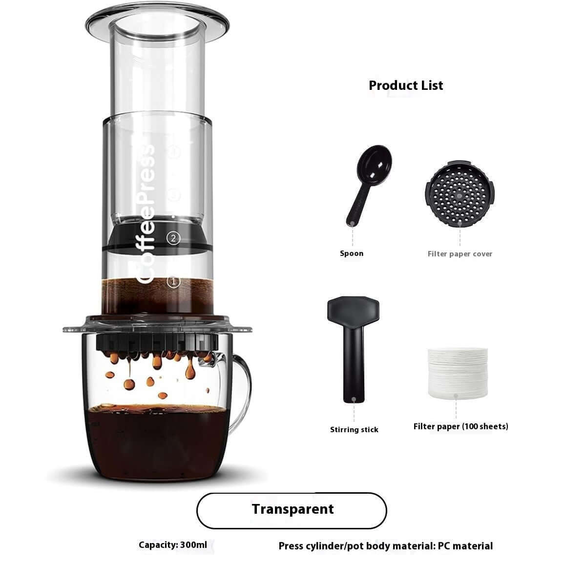 Portable Espresso Maker with transparent design, includes spoon, filter paper, and stirring stick for rich coffee on the go.