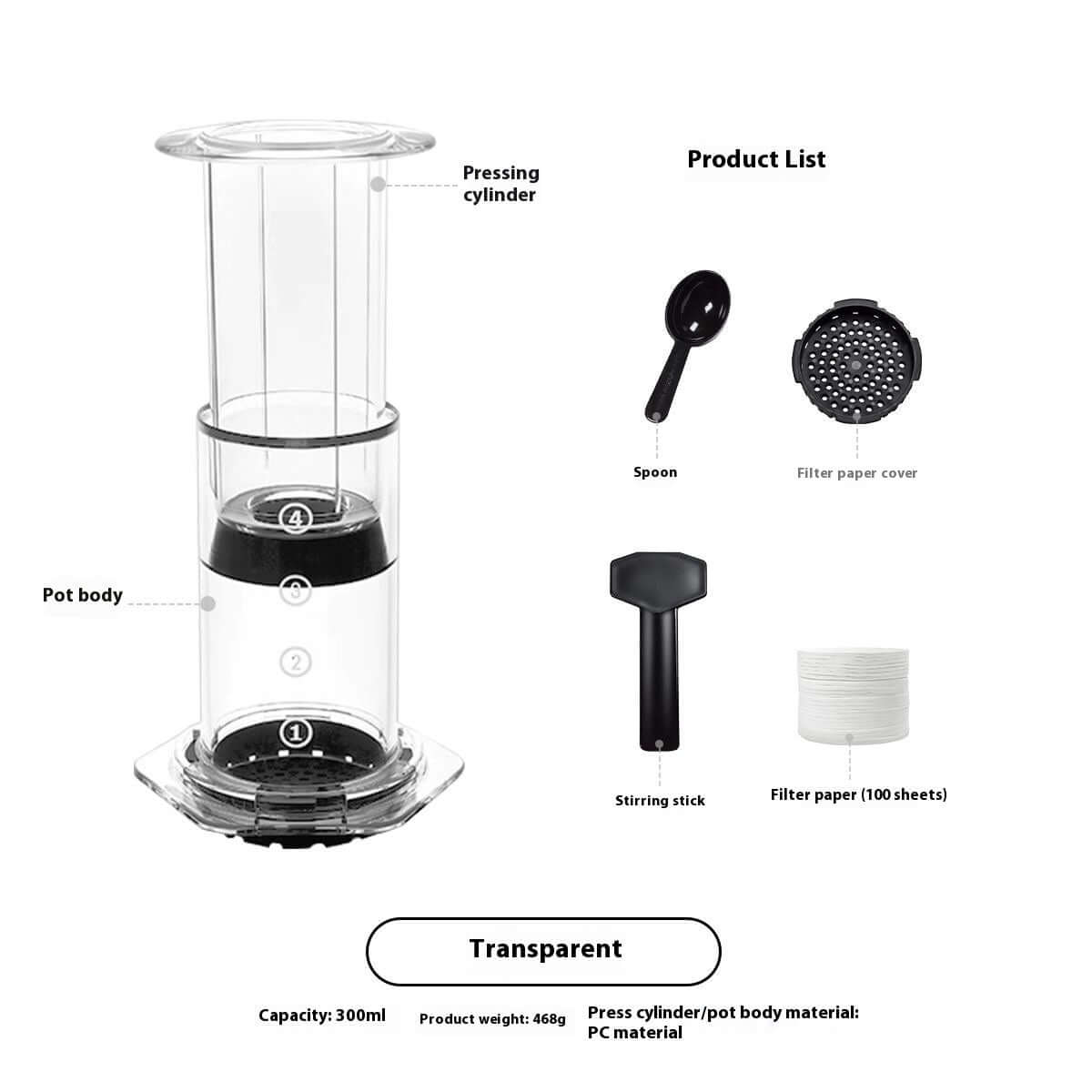 Portable Espresso Maker components including pressing cylinder, pot body, spoon, and filter paper for easy brewing.