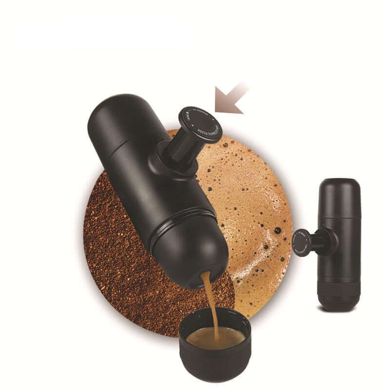 Portable Hand Espresso Maker in black preparing coffee machine capsule.