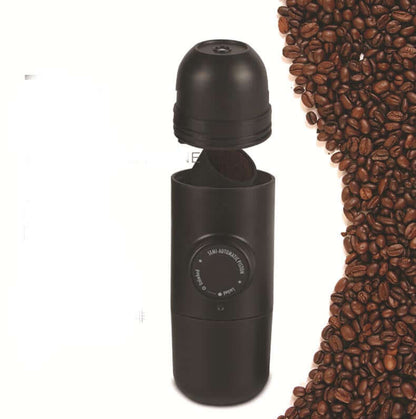 Portable Hand Espresso Maker next to coffee beans, ideal for making espresso on the go.
