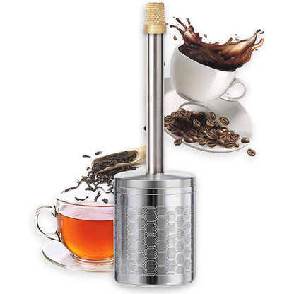 A stainless steel Portable Press Coffee Infuser stick filtering coffee grounds inside a ceramic travel mug.