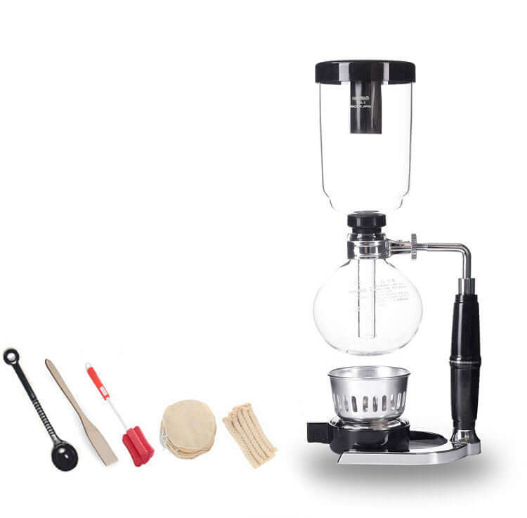 Premium Siphon Coffee Maker with TCA vacuum glass brewer and accessories for perfect coffee extraction.