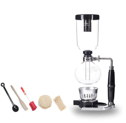 Premium Siphon Coffee Maker with TCA vacuum glass brewer and accessories for perfect coffee extraction.