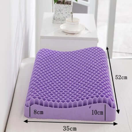 Honeycomb Gel Pillow – High-Elasticity Purple Orthopedic Cushion featuring a honeycomb design and dimensions.