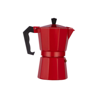 Stovetop Espresso Maker in vibrant red color, traditional 6-cup aluminum Moka Pot for brewing delicious espresso.