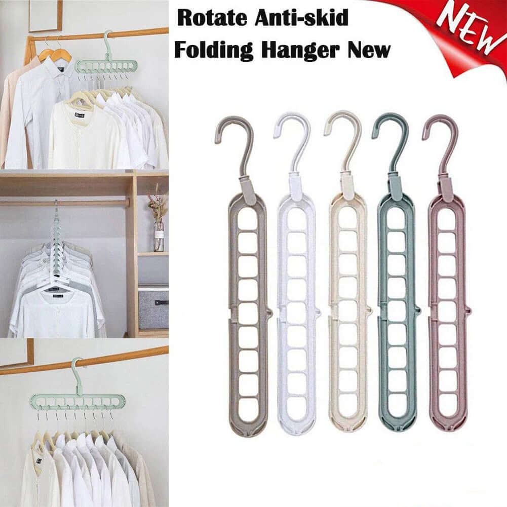 9-Hole Space-Saving Magic Hangers in a set of 2, demonstrating vertical and horizontal storage modes in a modern closet.