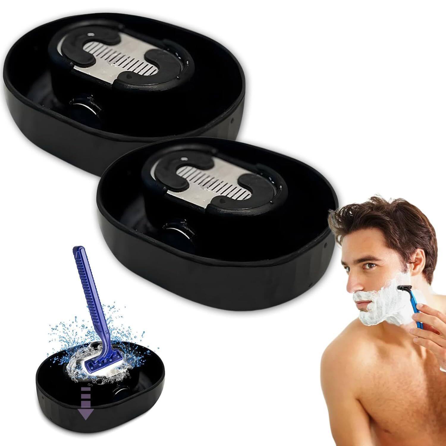 Shaver Cleaner - Eco-Flush Non-Electric Manual Pressure Washer with two cleaning adapters and a model using it