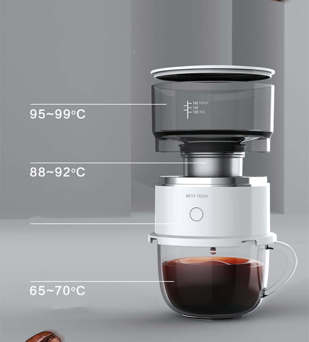 Smart coffee maker displaying temperature ranges for optimal brewing in a sleek design.