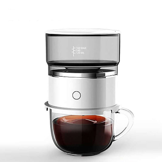 Smart coffee maker with transparent brewing chamber and coffee cup, perfect for morning routines.