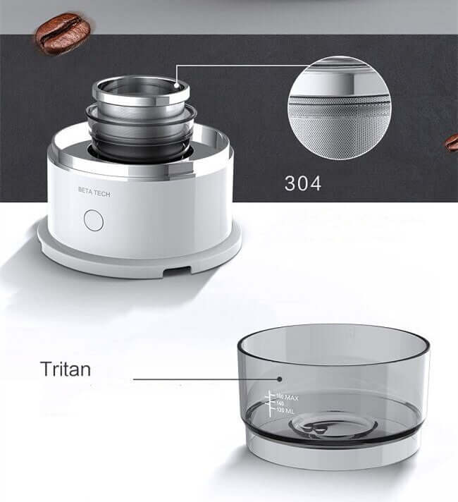 Smart coffee maker with 304 stainless steel mesh and Tritan container for optimal brewing.