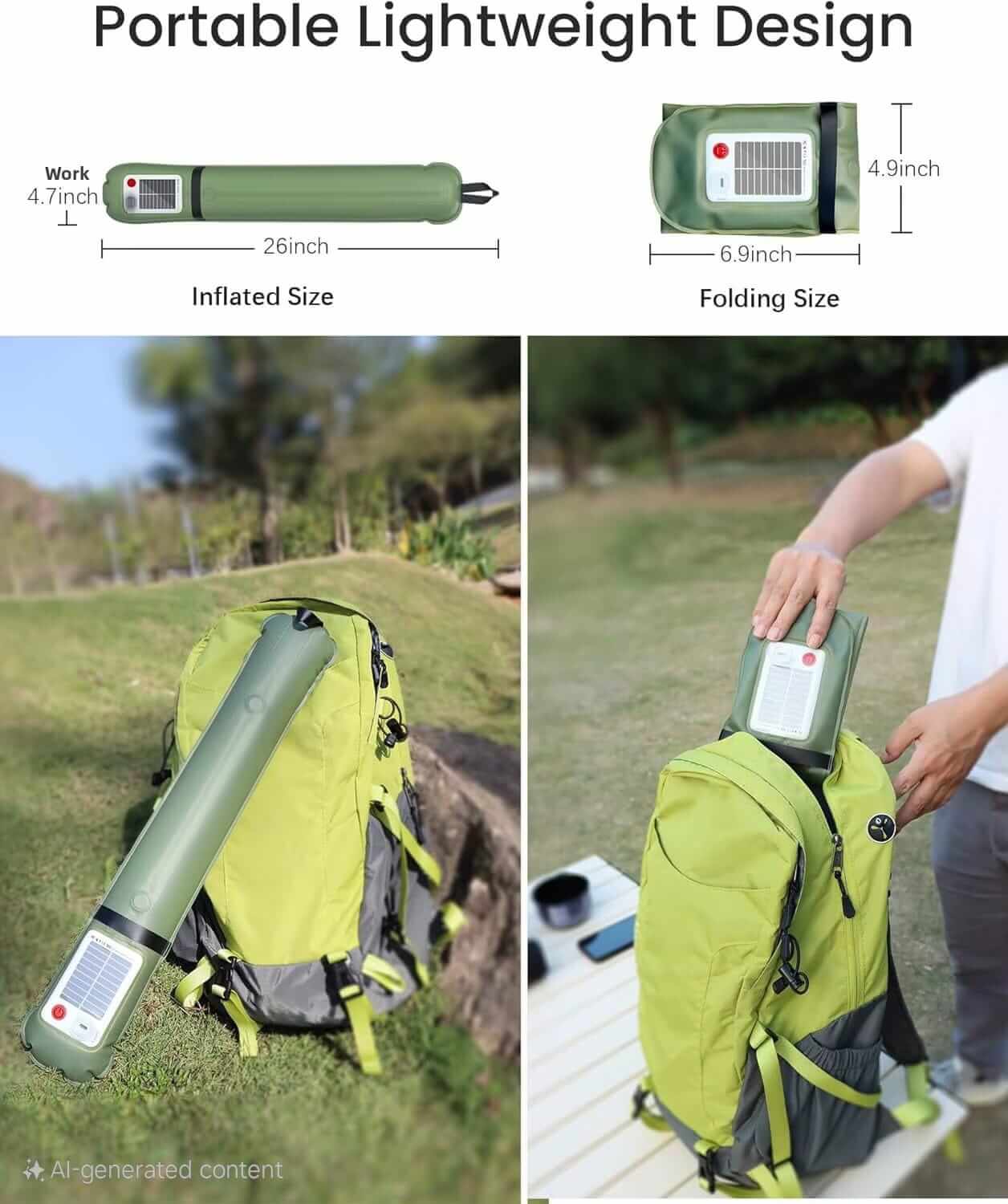 Portable lightweight design of solar rechargeable light tube with inflated and folding sizes, ideal for camping.