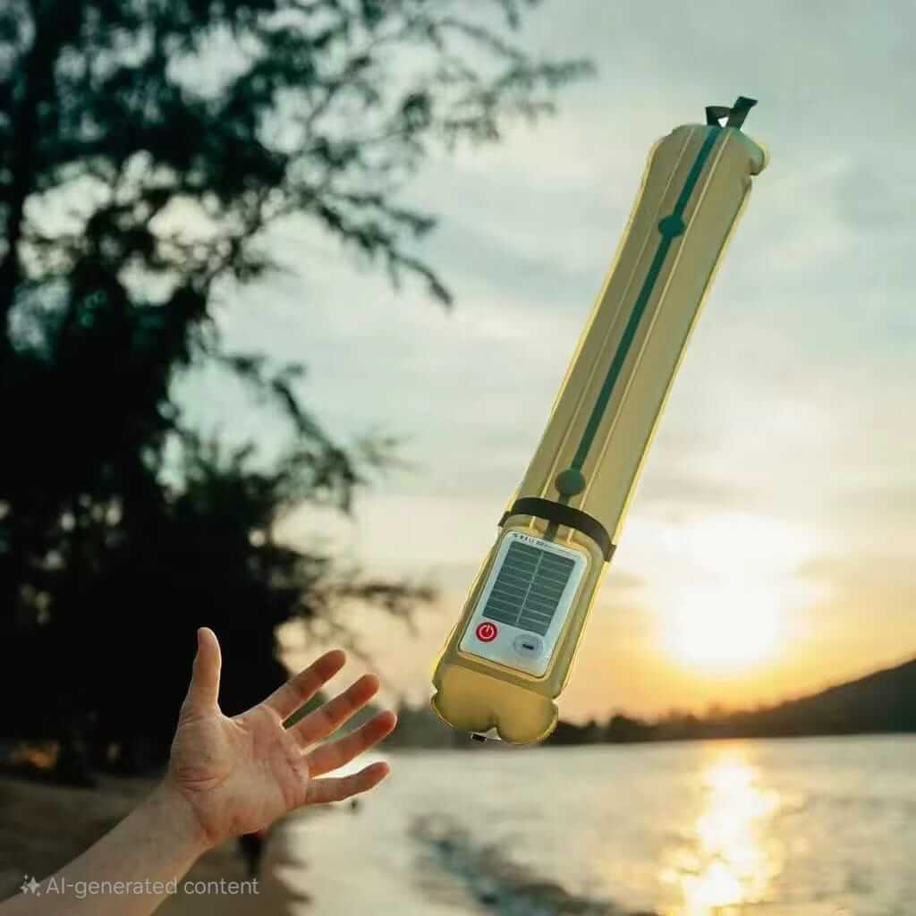 Solar rechargeable light tube floating above a hand near a sunset by the water.