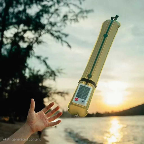Solar rechargeable light tube floating above a hand near a sunset by the water.
