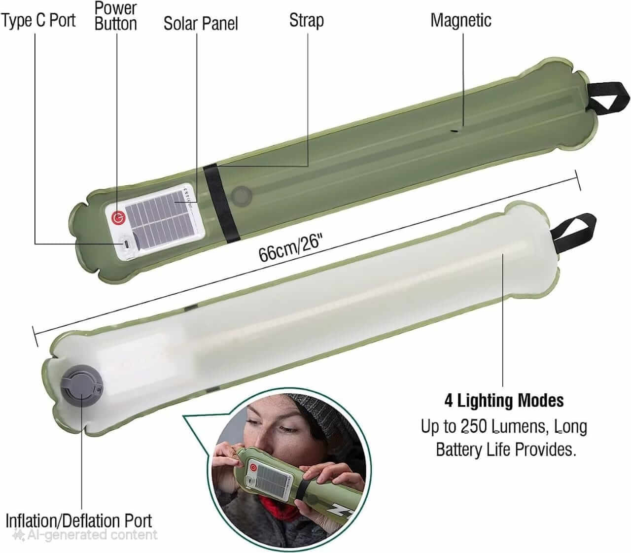 Solar rechargeable light tube with solar panel, USB Type C port, and magnetic features, perfect for camping.