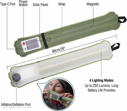 Solar rechargeable light tube with solar panel, USB Type C port, and magnetic features, perfect for camping.