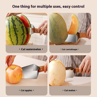 Watermelon Splitter shown in use slicing watermelon, cantaloupe, apples, and melon with easy control.