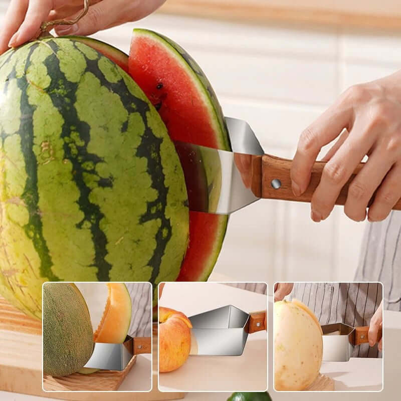 Watermelon Splitter in use, slicing watermelon easily with a stainless steel blade and wooden handle.