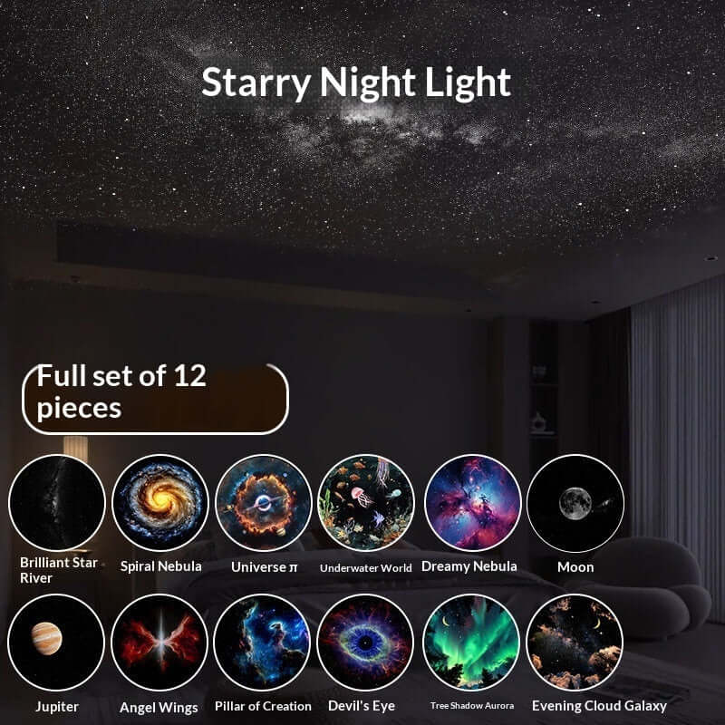 Rotatable Pattern Night Light Projector with interchangeable lenses projecting star and floral shapes on a bedroom wall.