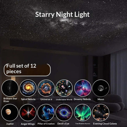 Rotatable Pattern Night Light Projector with interchangeable lenses projecting star and floral shapes on a bedroom wall.