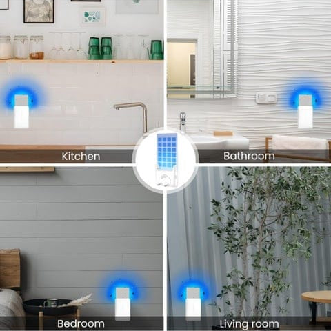 Sticky Card Mosquito Killer – The HALO-TRAP Silent UV Plug-In Catcher in kitchen, bathroom, bedroom, and living room settings.