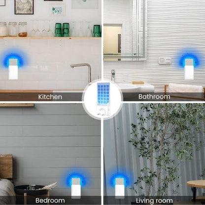 Sticky Card Mosquito Killer – The HALO-TRAP Silent UV Plug-In Catcher in kitchen, bathroom, bedroom, and living room settings.