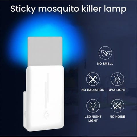 Sticky Card Mosquito Killer – The HALO-TRAP Silent UV Plug-In Catcher displayed with features like no smell, no noise, and LED night light.