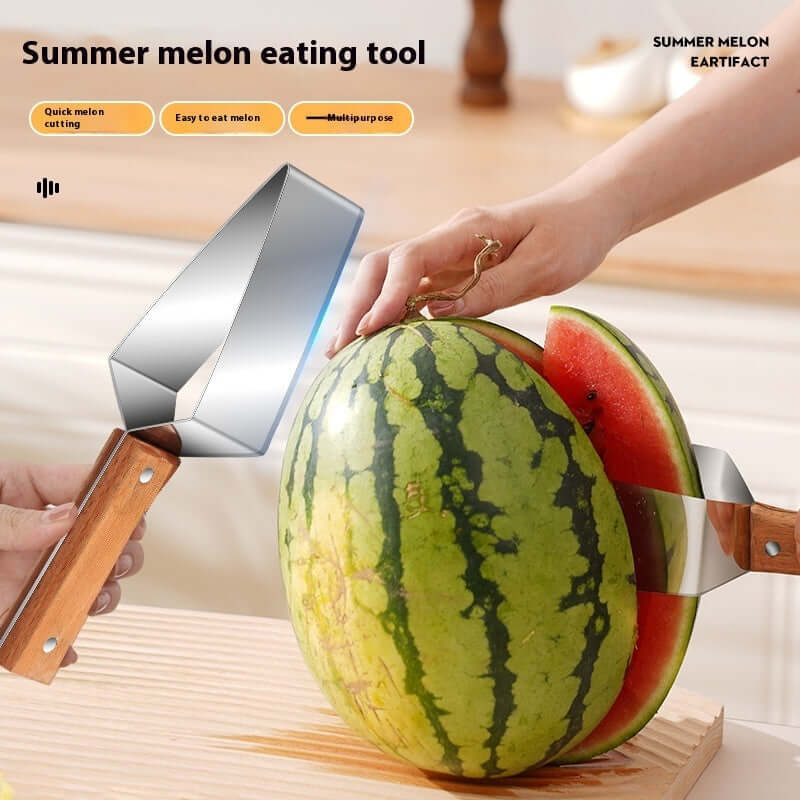 Watermelon Splitter tool being used to slice a fresh watermelon on a wooden surface.