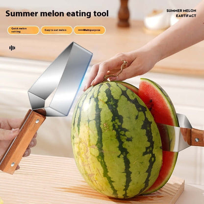 Watermelon Splitter tool being used to slice a fresh watermelon on a wooden surface.
