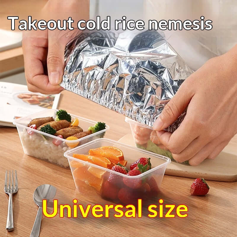 Aluminum Foil Food Covers being used to cover takeout containers of food, demonstrating thermal insulation capabilities.