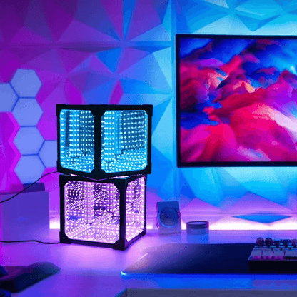 Tesseract Abyss Lamp lit in a colorful, modern desktop setup with dim lights and geometric wall decor.