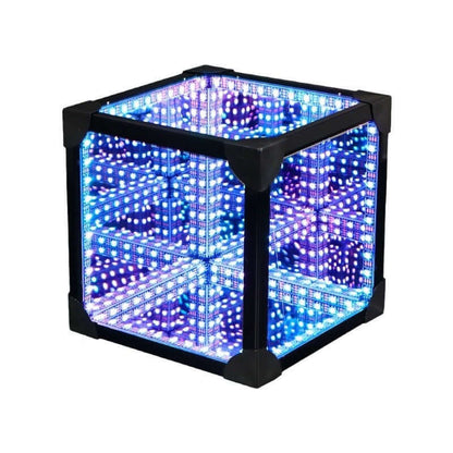 Tesseract Abyss Lamp – Infinity Mirror Hypercube Desktop Light illuminating colorful geometric patterns.
