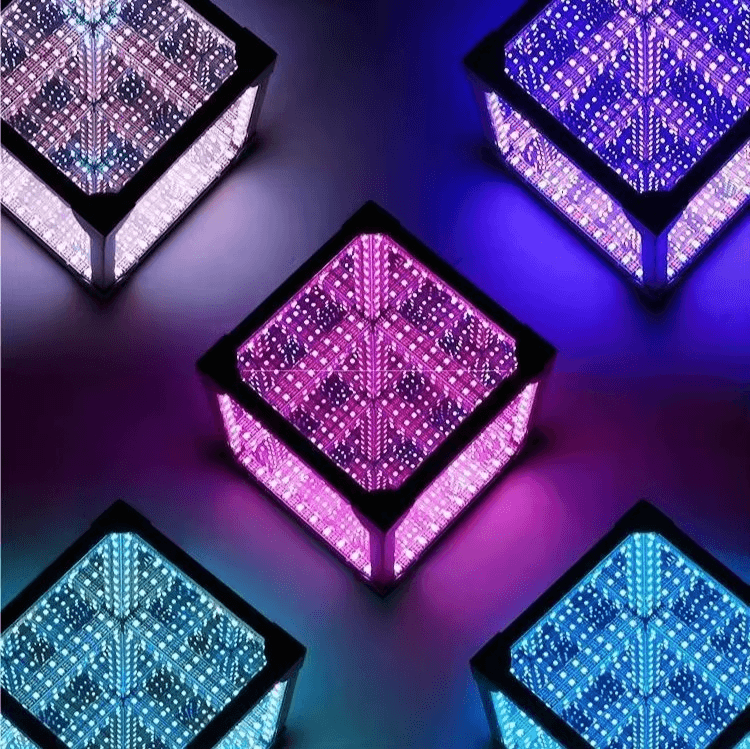Tesseract Abyss Lamp showcasing vibrant light patterns in a geometric design, perfect for modern desk styling.