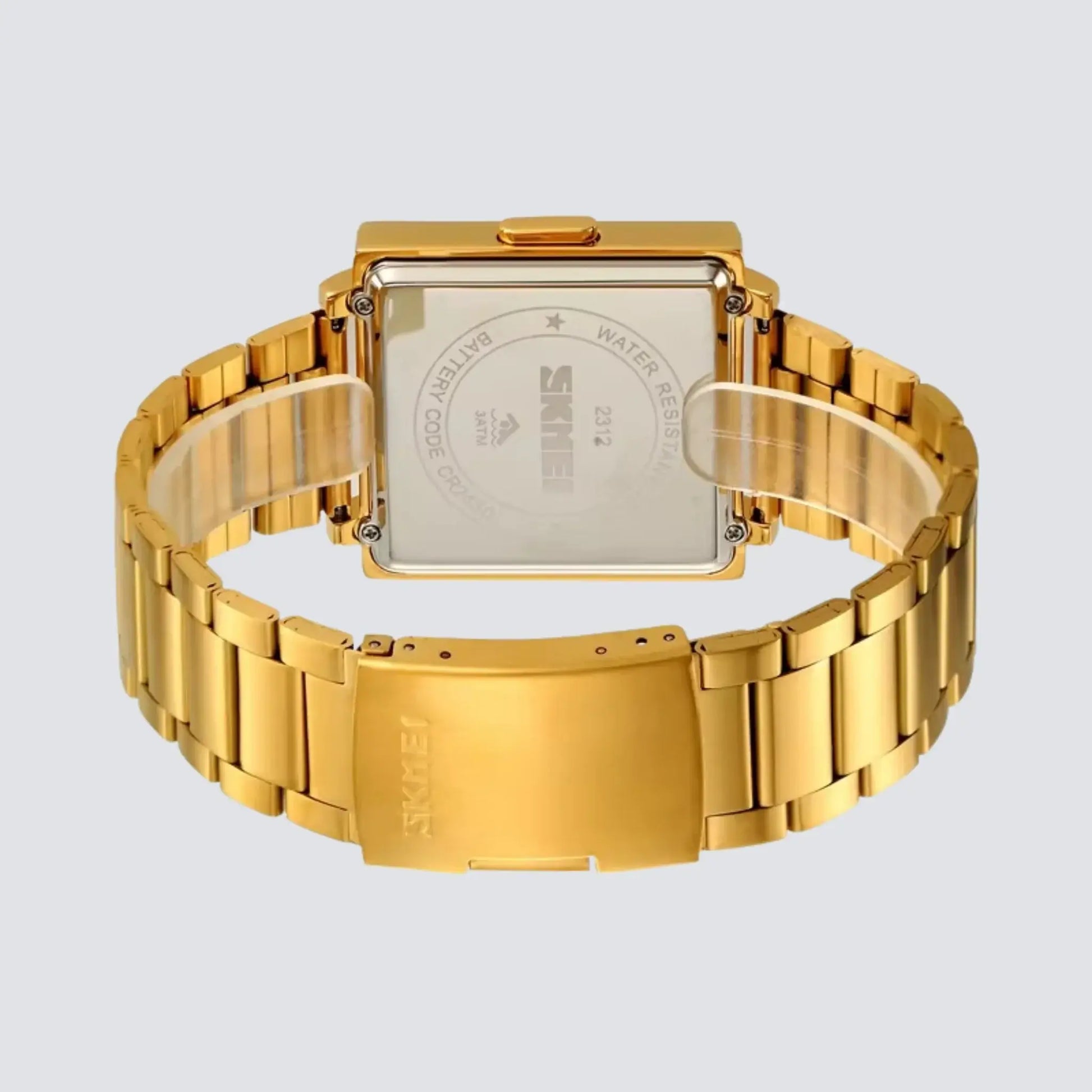 Back view of the Retro Digital Watch showcasing a gold-tone bracelet and square dial design.