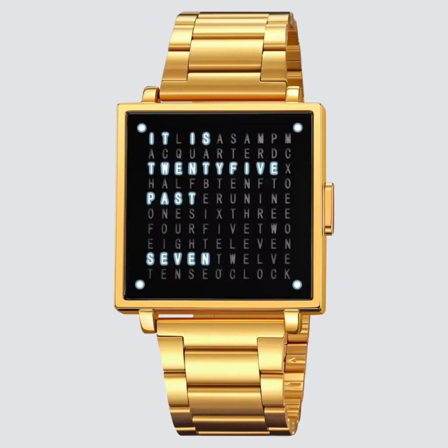 Retro digital watch in gold with unique word clock display showing time, perfect for style-conscious individuals.