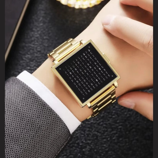Person wearing a retro digital watch with a square black dial and gold bracelet, showcasing modern style and durability.