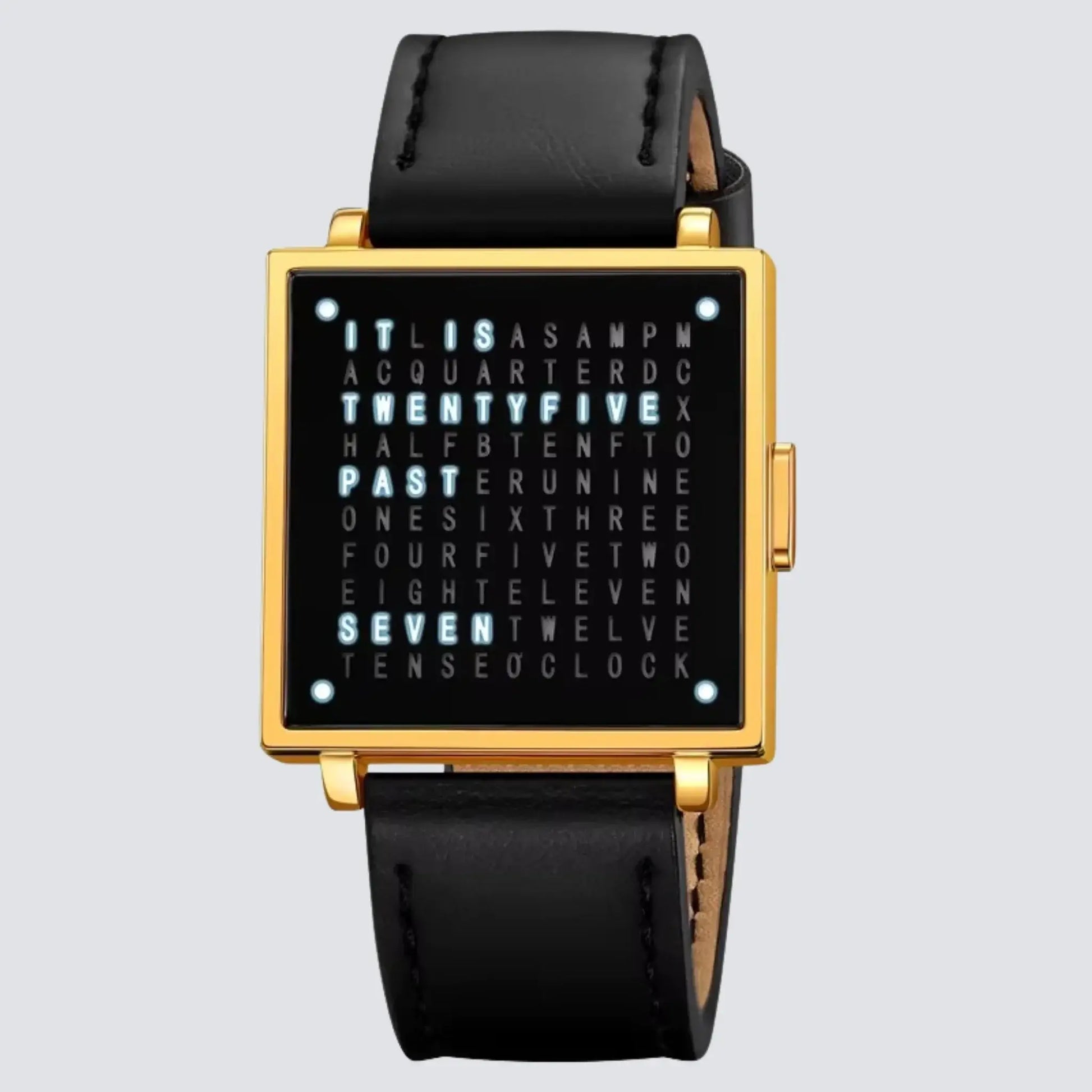 Retro digital watch with a square dial, black leather strap, and unique word clock display.