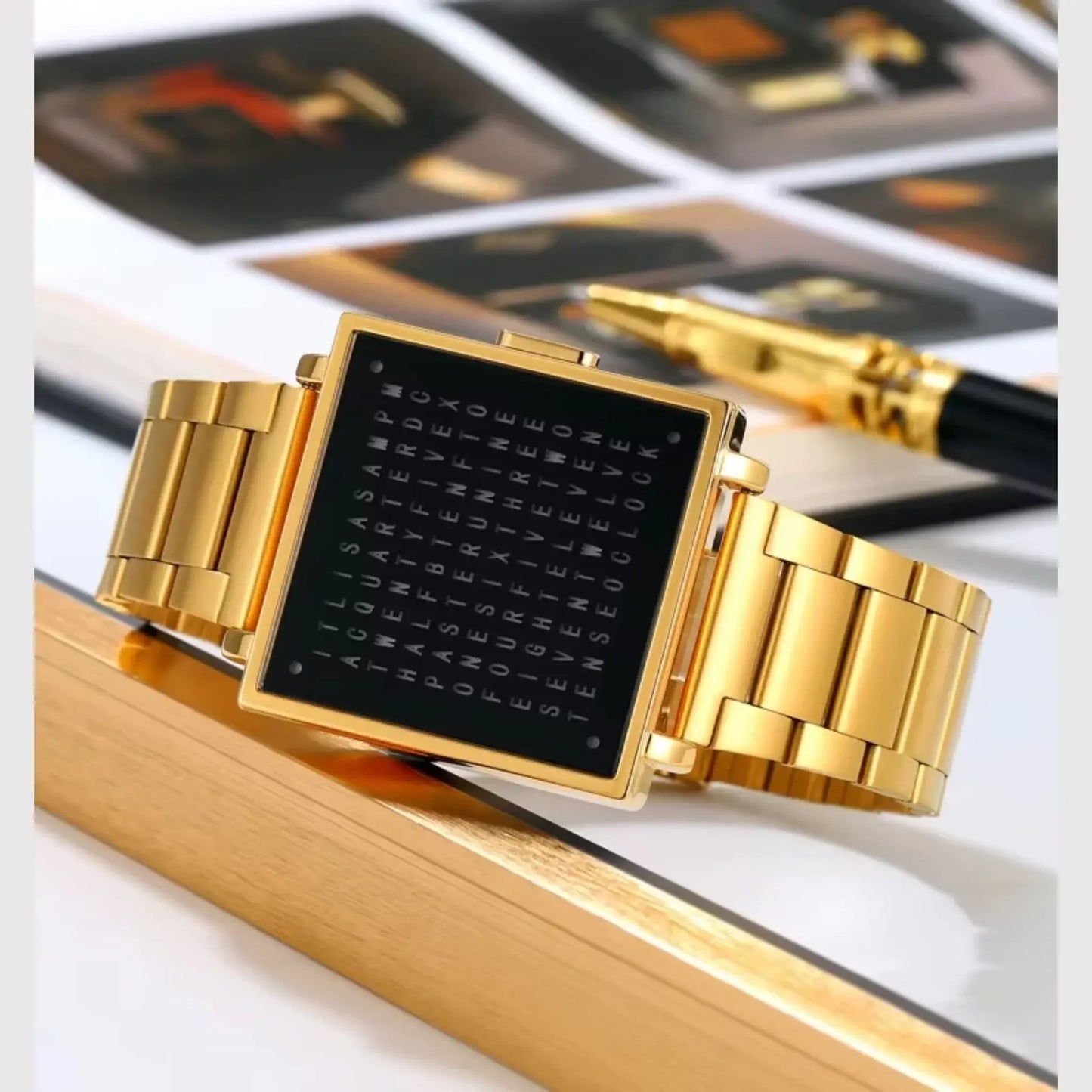 Retro digital watch with a square black dial and gold stainless steel bracelet.