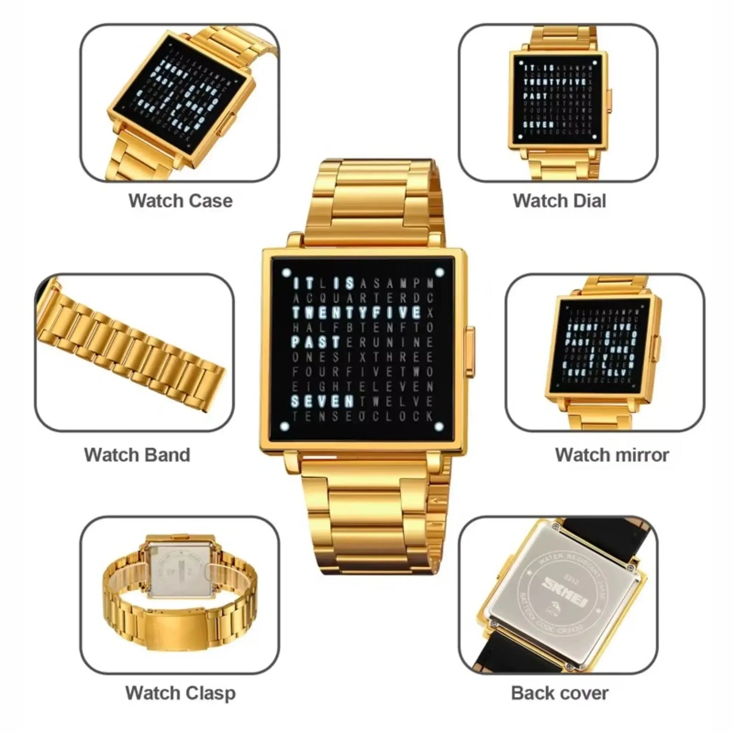 Retro digital watch featuring a square dial, gold case, and bracelet with details of watch components.