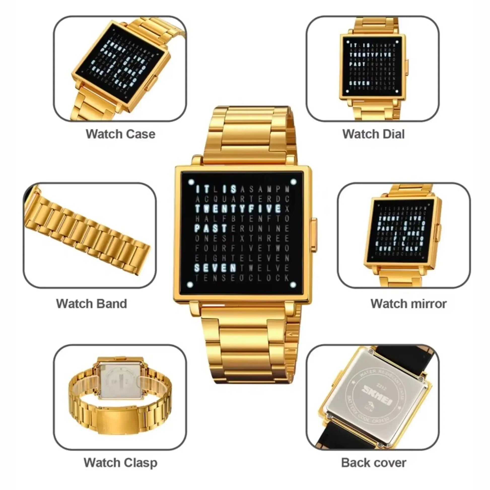 Retro digital watch featuring a square dial, gold case, and bracelet with details of watch components.