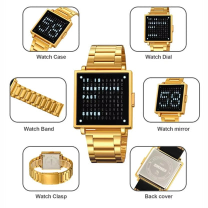Retro digital watch featuring a square dial, gold case, and bracelet with details of watch components.