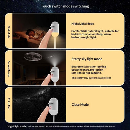 Rotatable Pattern Night Light Projector with interchangeable lenses projecting star and floral shapes on a bedroom wall.