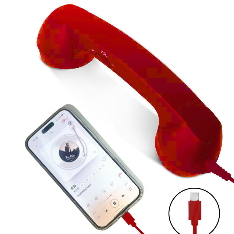 HD Wired In Ear Headphones displayed alongside a red handset with volume control and smartphone playing music.