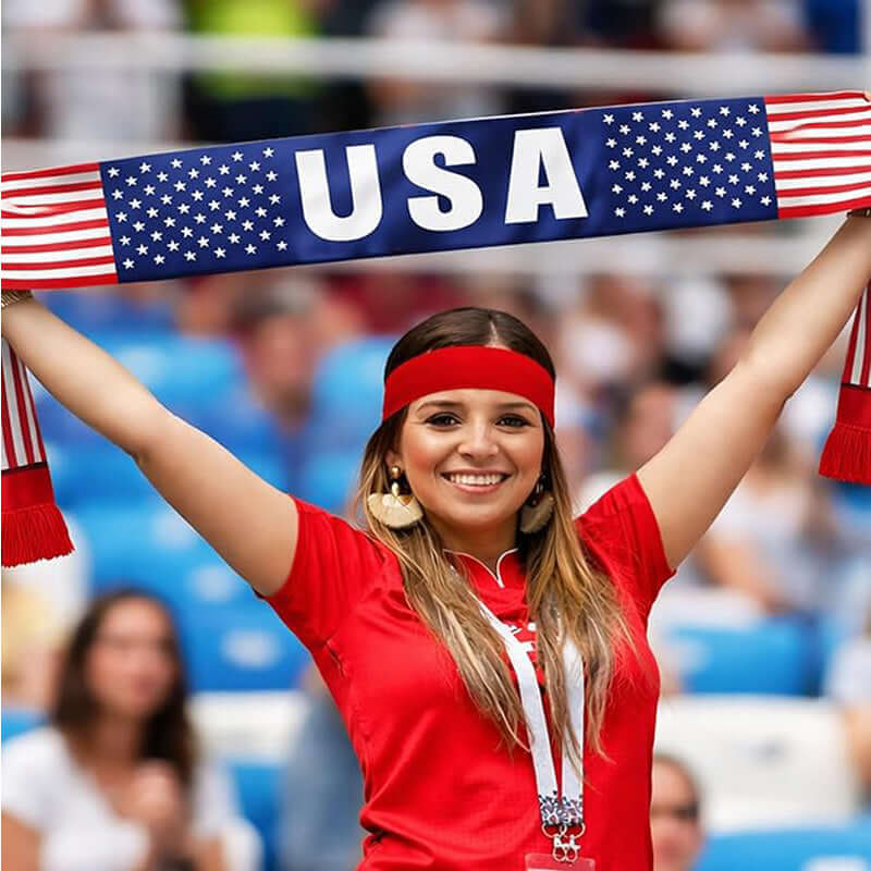 USA World Cup Fan Kit displayed with a woman holding a scarf featuring the USA flag and colors, celebrating the 2026 American Celebration.