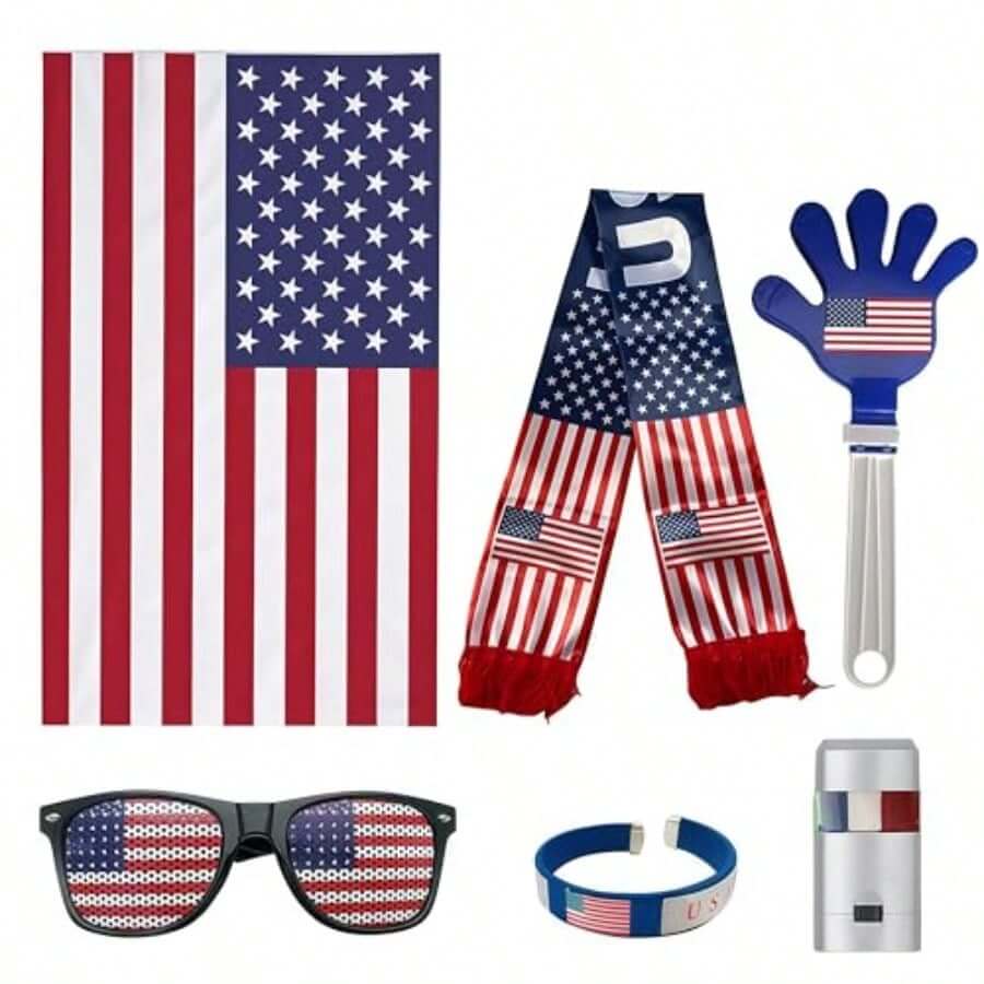 USA world cup fan kit featuring American flag-themed scarves, sunglasses, hand props, and accessories for soccer celebrations.