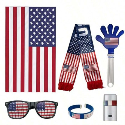USA world cup fan kit featuring American flag-themed scarves, sunglasses, hand props, and accessories for soccer celebrations.